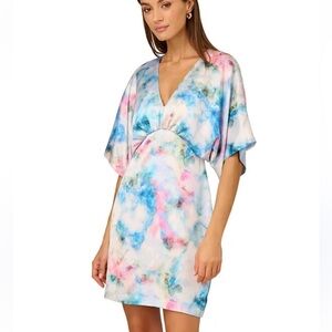 Adrianna Papell Printed Satin Kimono Mini Dress Blue Multi 2